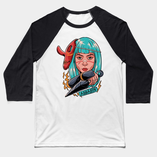 Assassin Ninja Girl Kunoichi with Tengu Mask Baseball T-Shirt by Genbu